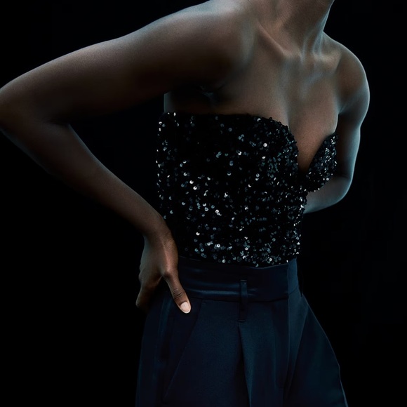 NWT H&M Black Sequin Sweetheart Neckline Strapless Bodysuit - Picture 4 of 6